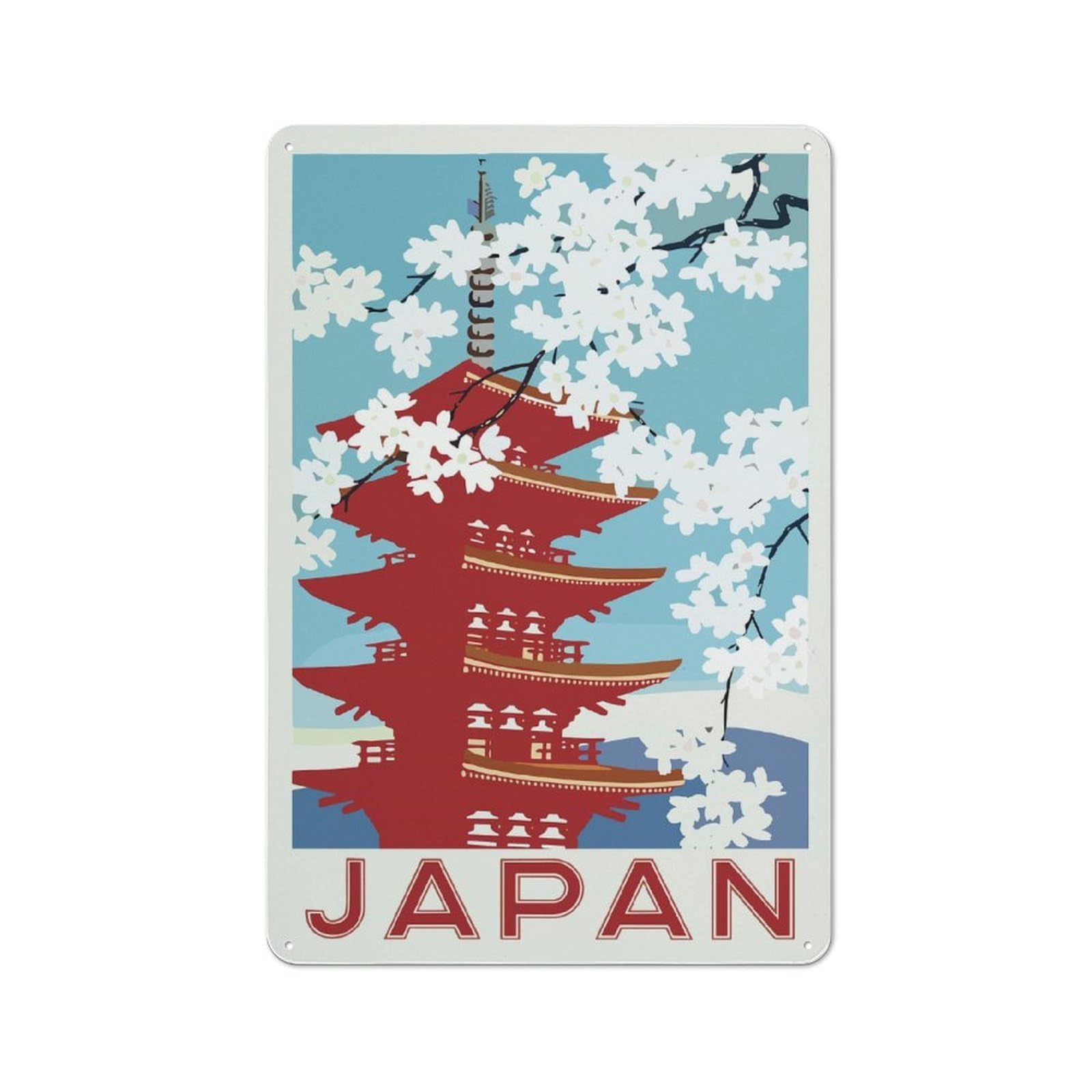 Junmoney Japan Pagoda Cherry Blossom Travel Metal Sign 30X20cm With For Pub Or Café, Retro Decor, For Vintage Wall Decor Fans, For Garage And Workshop Walls