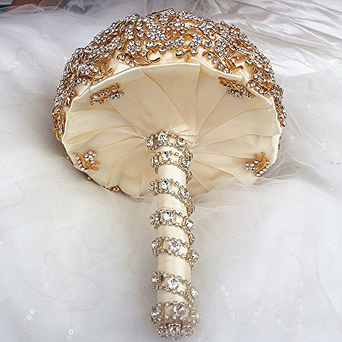 Wedding Bouquet With Golden Luxury Artificial Diamond,Set Including Bouquets, Wrist Flowers,Corsage For Your Wedding With Full Hand-Made (Gold+Ivory) #TOP5