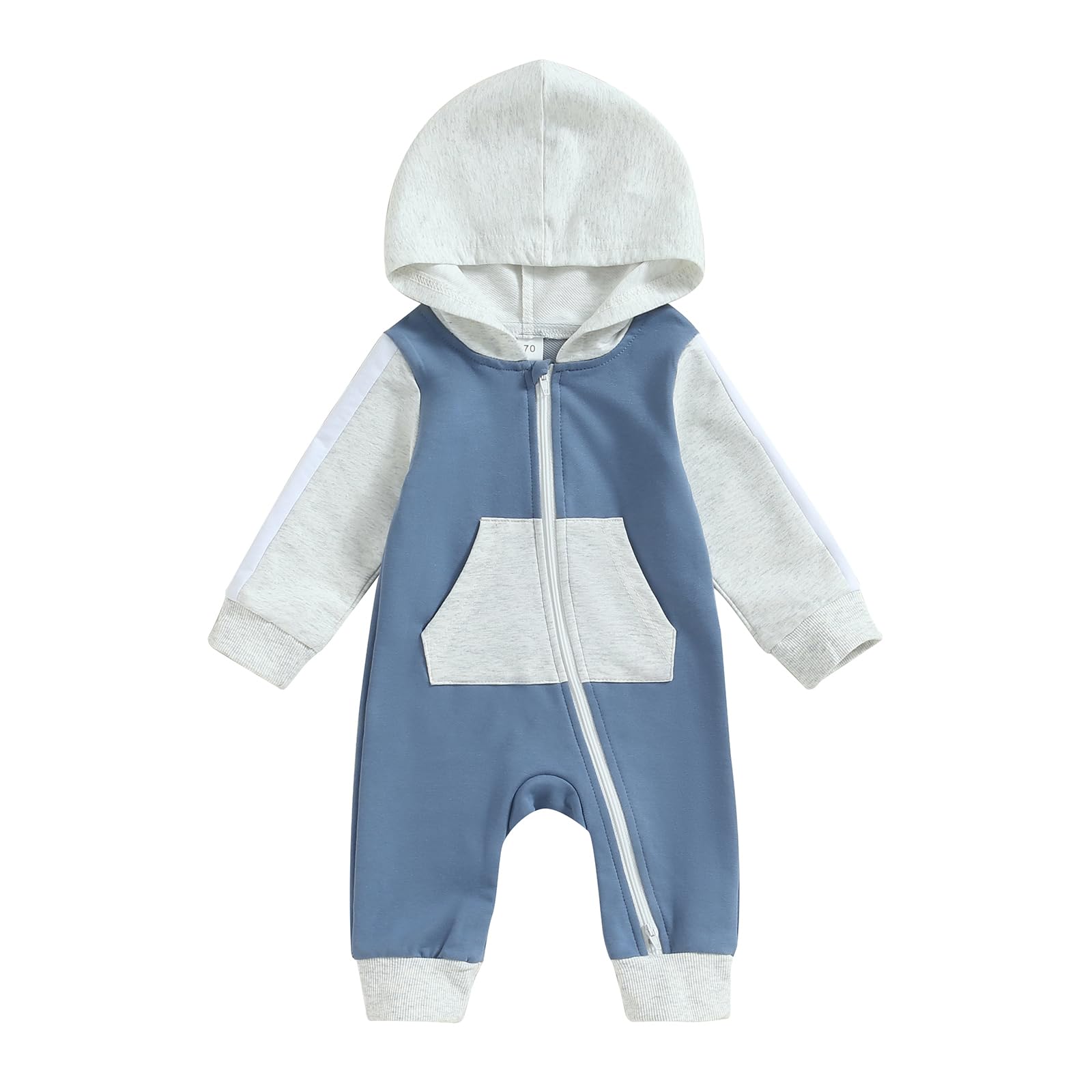 Baby Boy Hooded Zip Up Sweatshirt Onesie Sweats Jumpsuit Romper Sweatsuit Newborn Outfit Clothes Fall/Winter (Color Block Blue, 0-3 Months)