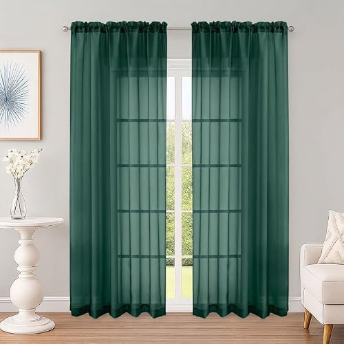 OWENIE Hunter Green Sheer Curtains 84 Inch 2 Panels for Living Room