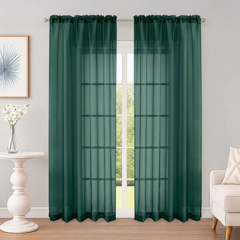 OWENIE Hunter Green Sheer Curtains 84 Inch 2 Panels for Living Room