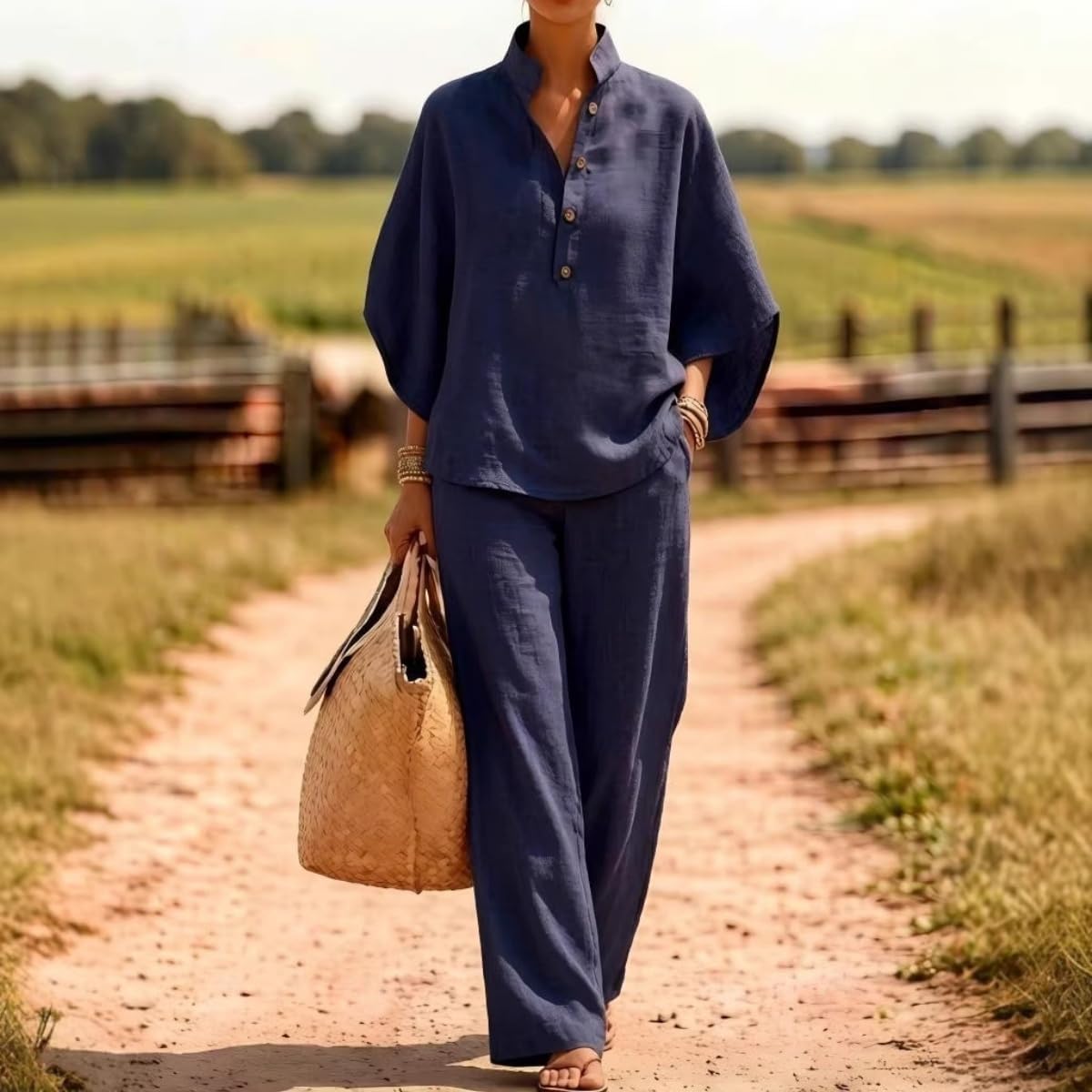 Women’s Batwing Sleeve Linen Cotton Two-Piece Set - New Casual Shirt & Wide Leg Pants Outfit Women Comfortable 2 Piece Set