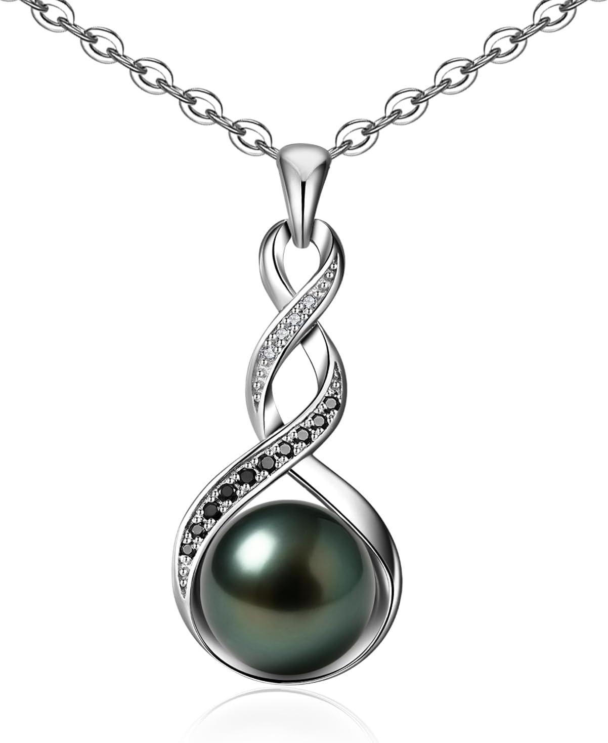 Genuine Tahitian Black Pearl Necklaces for Women, 9-12mm AAAA Seawater Pearl - Ster...