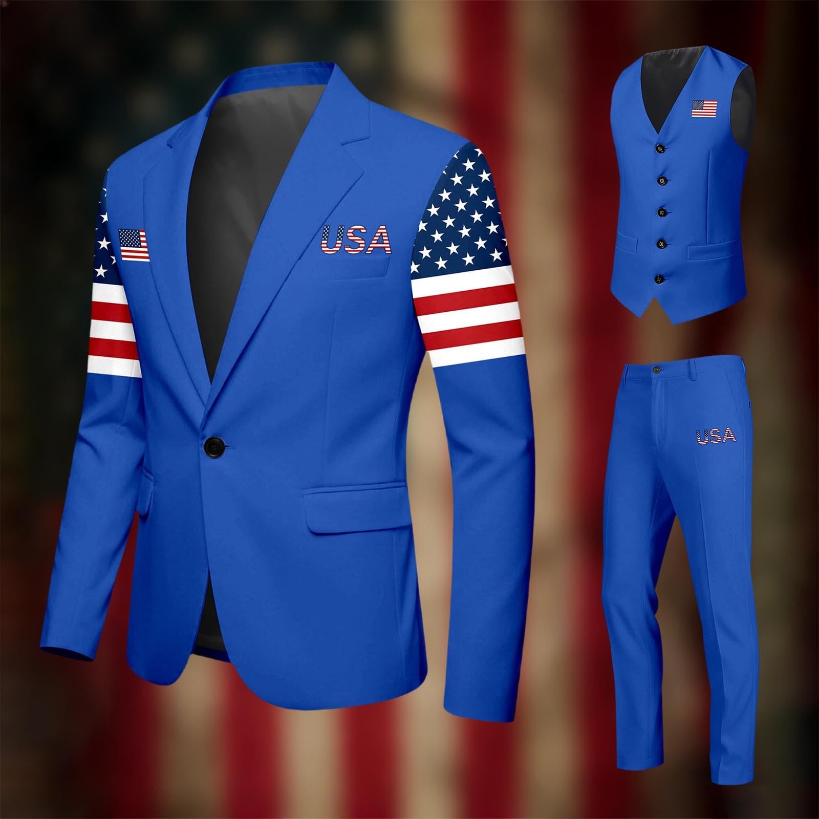 Costume Homme 3 Pieces USA Independence Day Étoiles Rayures Festif