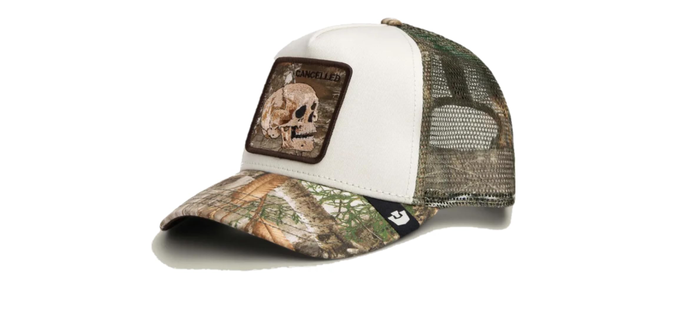 Goorin Bros Gorra Trucker Cancelled con Diseño de Calavera, Visera Camuflaje Realtree, Malla Verde Oliva, Frente Blanco