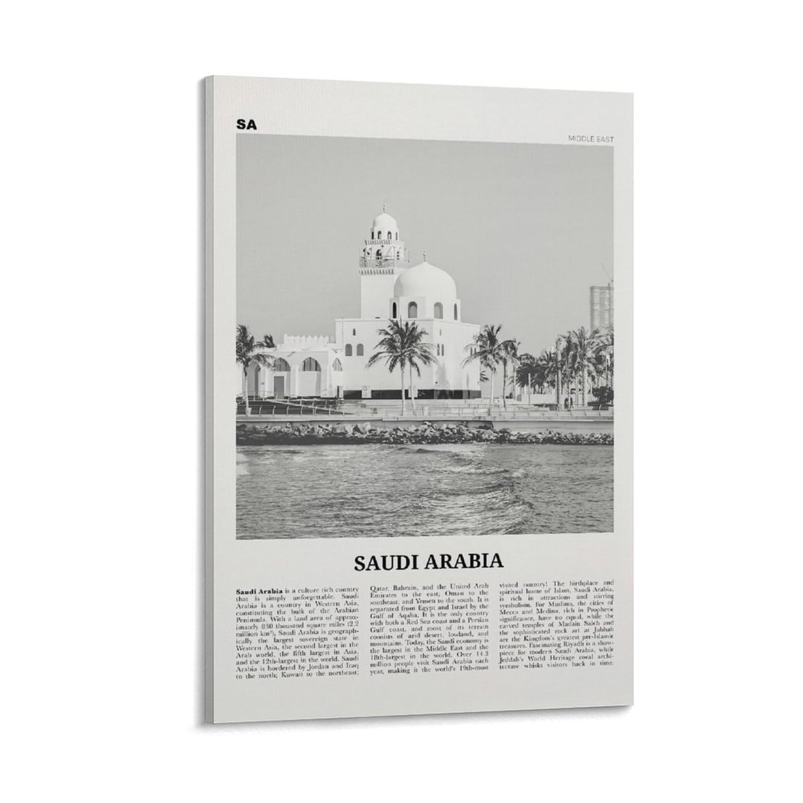 LZTEN Saudi Arabia Print Black And White, Saudi Arabia Wall Art, Saudi Arabia Poster Canvas Wall Art Poster Framed 16x24inch