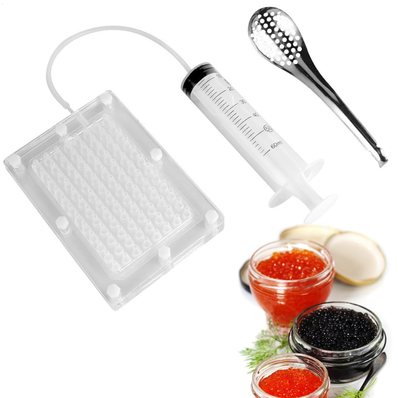 Spherical Caviar Dispenser Kit - 100 Holes Roe Sauce Dispenser Strainer, Spherification Tools | Includes Spoon & Syringe, Ideal Kit for Creating Caviar and Spherified Delights at Home or in the