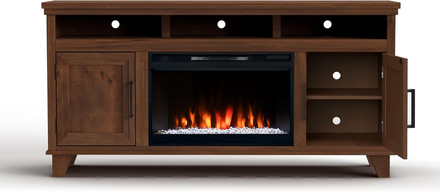 Realcozy Sonoma Transitional 64 inch Electric Fireplace TV Stand Entertainment Center, for TVs up to 70 inches, Solid Wood, Whiskey Finish
