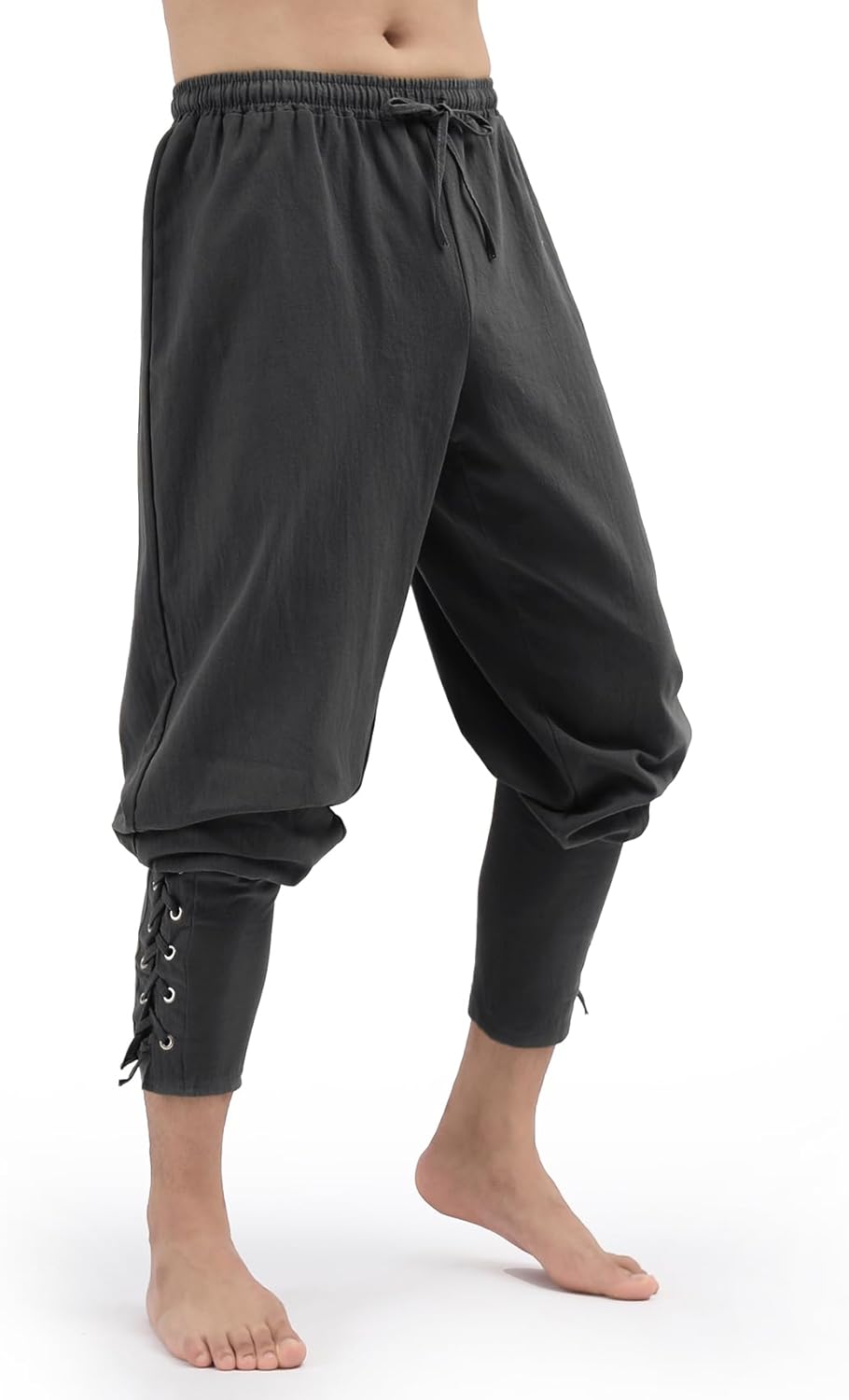 Mens Pirate Pants Medieval Viking Costume, Renaissance Lace-up Ankle Banded Trousers Cotton Linen Cosplay Outfits(Grey,XXL) - Image 2