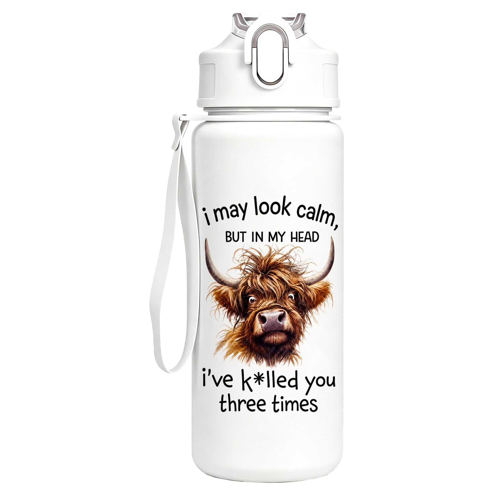 Highland Cow Water Bottle, Leakproof 750ml Drinks Bottle with Flip Top Lid