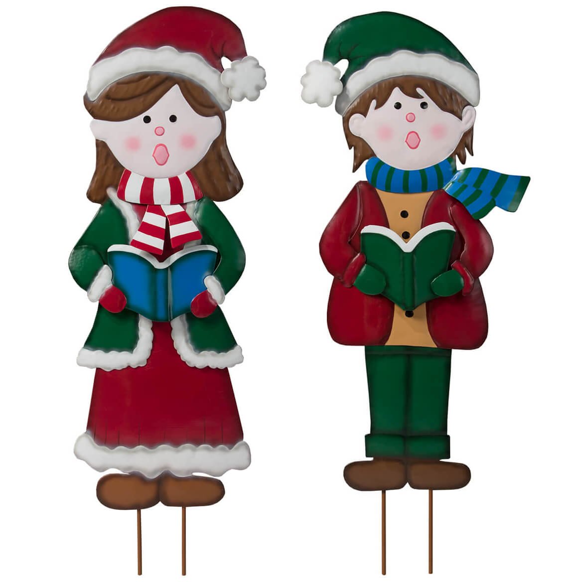 Metal Girl and Boy Carolers by Fox River Creations, Winter Holiday Yard Décor, Set of 2 Garden Stakes