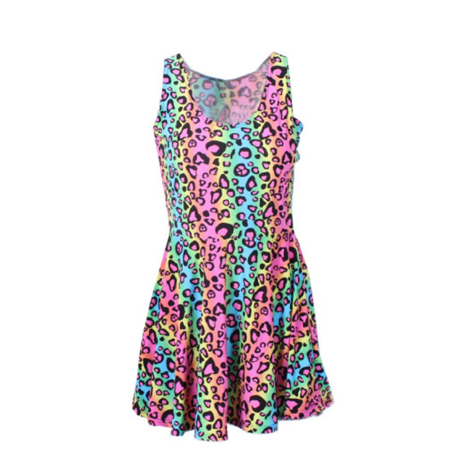 Neon Rainbow Leopard Cheetah Print Knee Length Mini Dress Rave Party Fun (Medium)