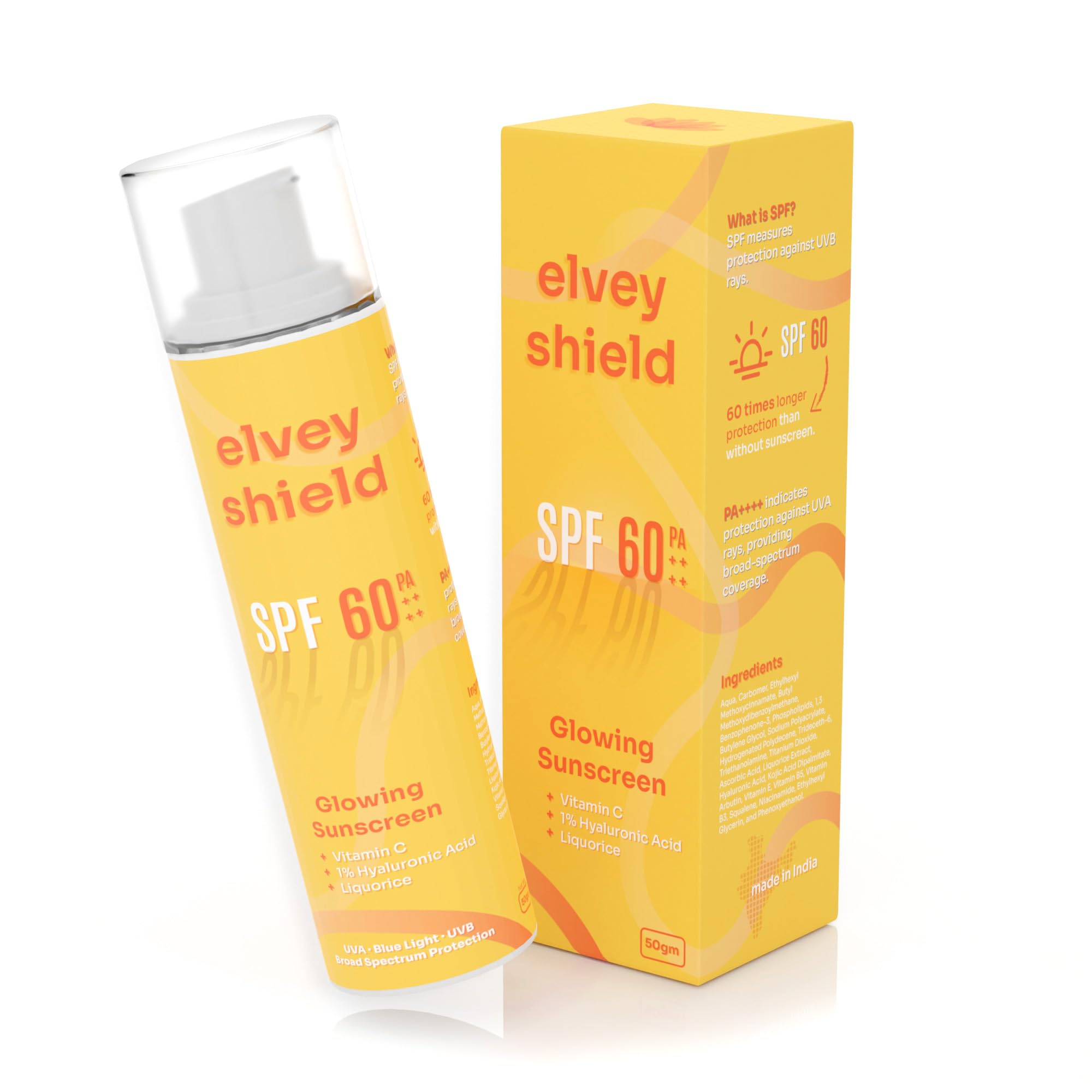 Elvey Essentials Glowing Sunscreen SPF 50+ PA++++ with Vitamin C, Hyaluronic Acid & Liquorice for All Skin Types | Broad Spectrum, UVA/UVB & Blue Light Protection | No White Cast, Water Resistant & Non Irritant (50g)