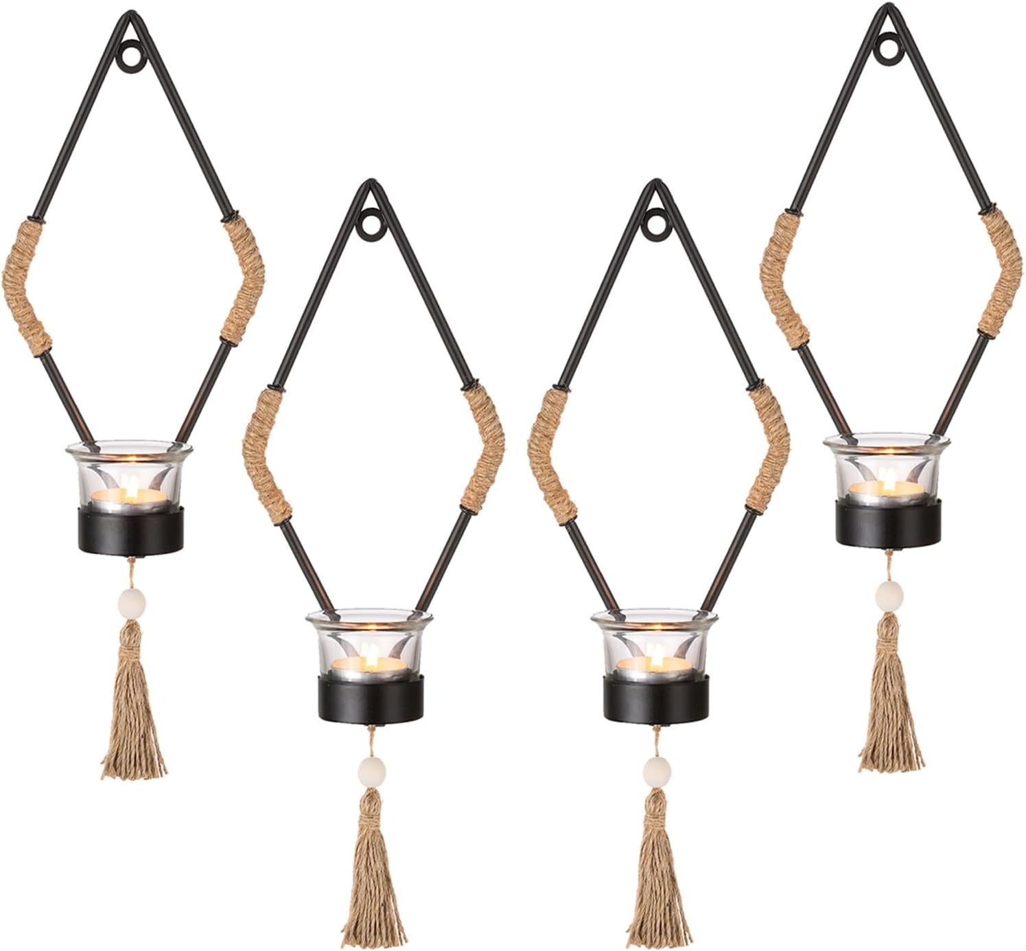 Romadedi Boho Candle Holder Wall Decor: Set of 4 Decorative Vintage Tassel Tea Light Candle Sconces Black Metal Farmhouse Rustic Wall Sconce Decorations for Living Room Bedroom Bathroom Home Decor Black - 2 Set Diamond