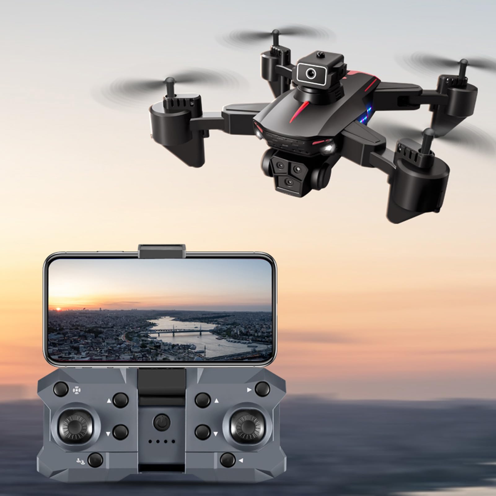 RC-Drohne, RC-Quadcopter mit 3 Kameras, 4K HD, 2,4 G WiFi, Vier-Wege-Hindernisvermeidung, Faltbare Drohne mit APP für Erwachsene, Kinder, Anfänger