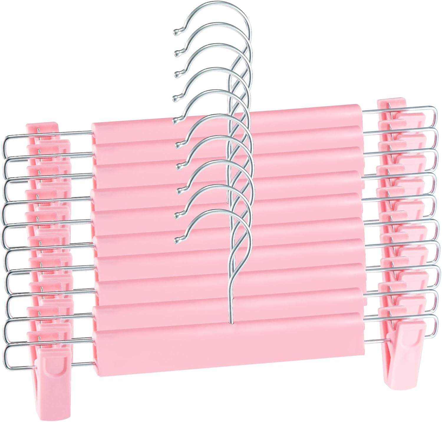 BREEZENEST Plastic Trouser Hangers with Clips – Adjustable Skirt & Pants Hangers, Non-Slip Heavy Duty Hangers for Skirts, Trousers, Jeans, Towels, and Wardrobe Organisation (Pink X 10)