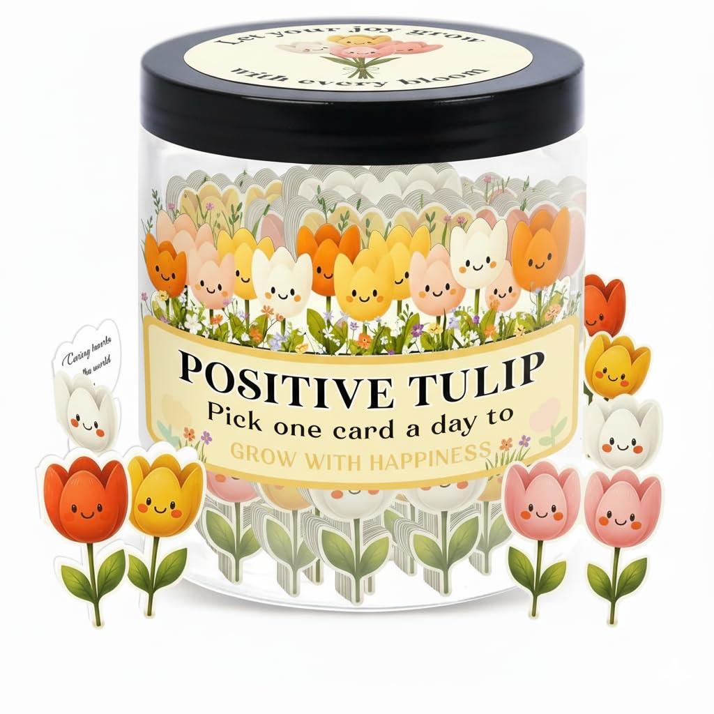 Positive Tulip Jar with 60 Affirmation Cards, Inspirational Gifts and Teacher Desk Decor, Tulips Flowers Themed Gift for Women, Stress Relief and Daily Positivity, Staff Appreciation Gifts