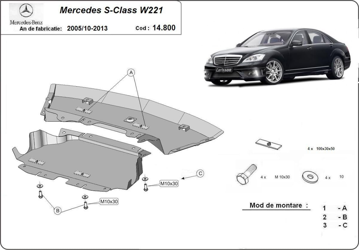 Protezione inferiore del motore in metallo compatibile con Mercedes Classe S W221-4x2 (2005-2013)