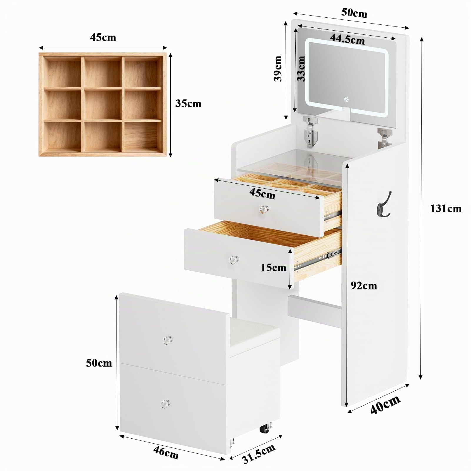 Kleiner Schminktisch mit Beleuchtung, Schminkkommode Schmal mit Klappspiegel, 3 in 1 Frisiertisch mit 3 Farben & Hocker, Kosmetiktisch 2 Schubladen, Sichtbarer Glasplatte für Kleine Räume (Weiß)