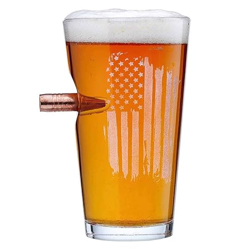 The Original BenShot US Flag Pint Glass with Real 0.50 BMG Bullet Made in the USA