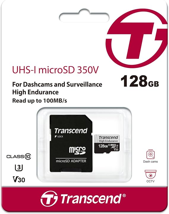 Transcend Heavy Duty 128GB UHS-I U1 Class 10 Micro SD Card for Dash Cam Security Camera with SD Card Converter Adapter TS128GUSD350V