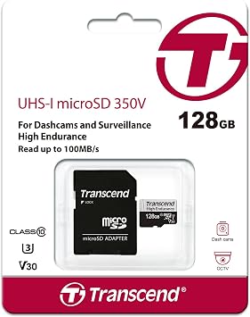 Transcend Heavy Duty 128GB UHS-I U1 Class 10 Micro SD Card for Dash Cam Security Camera with SD Card Converter Adapter TS128GUSD350V