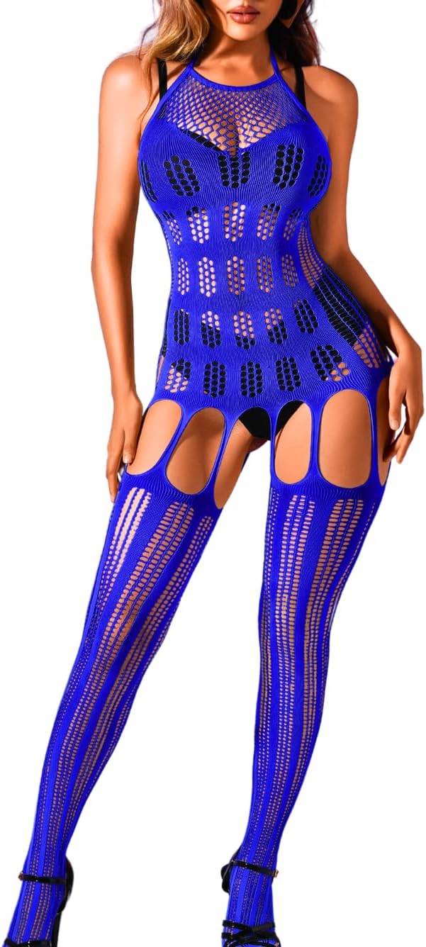 Body Stockings For Women Sexy, Sheer Fishnet Bodysuit Cutout Lingerie, Rave Party Club Dancer Outfits One Size Plus Size Royal Blue