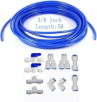 MATTOX 10 pcs 3/8" Quick Connect Push in to Connect Water Purifiers Tube Fittings for RO Water Reverse Osmosis System+5 Meters16 feet tubing Hose Pipe Blue tubing 5 Meters