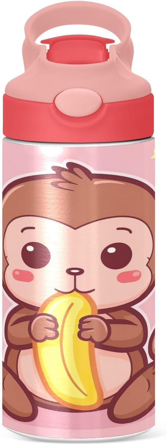 Cute Cartoon Monkey Kids Water Bottle For Boys & Girls Insulated Stainless Steel Reusable Metal Thermos Bottles Leak-Proof Straw Lid BPA-Free - Image 2