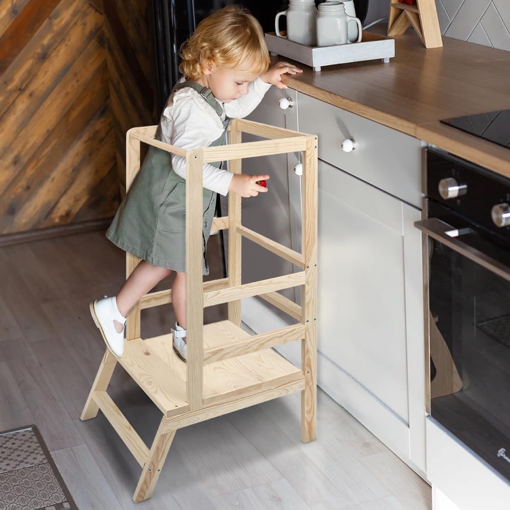 Homewell Höhenverstellbarer Lernturm ab 1 Jahr, Learning Tower, Montessori-Methode, Massiv Montessori Lernturm Kinder aus Holz, Stabil Robust, 39 * 52 * 90 cm
