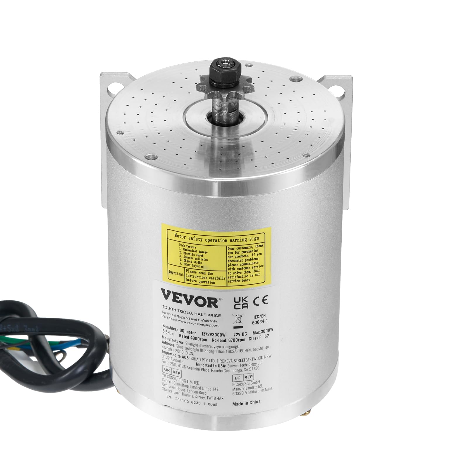 VEVOR Kit de Motor Eléctrico sin Escobillas de CC 3000 W, 72 V y 4900 RPM con Controlador de Velocidad Mejorado y Kit de Empuñadura del Acelerador para Bicicletas Eléctricas, Motocicletas y Scooters
