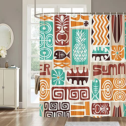 Colorful Hawaii Exotic Shower Curtain Tiki Pattern Art, Hawaiian Polynesian Abstract Ethnic Decor Shower Curtain Sets For Bathroom With 12Pcs Hooks Polyester Fabric Bathroom Accessories, 70X70In #TOP1