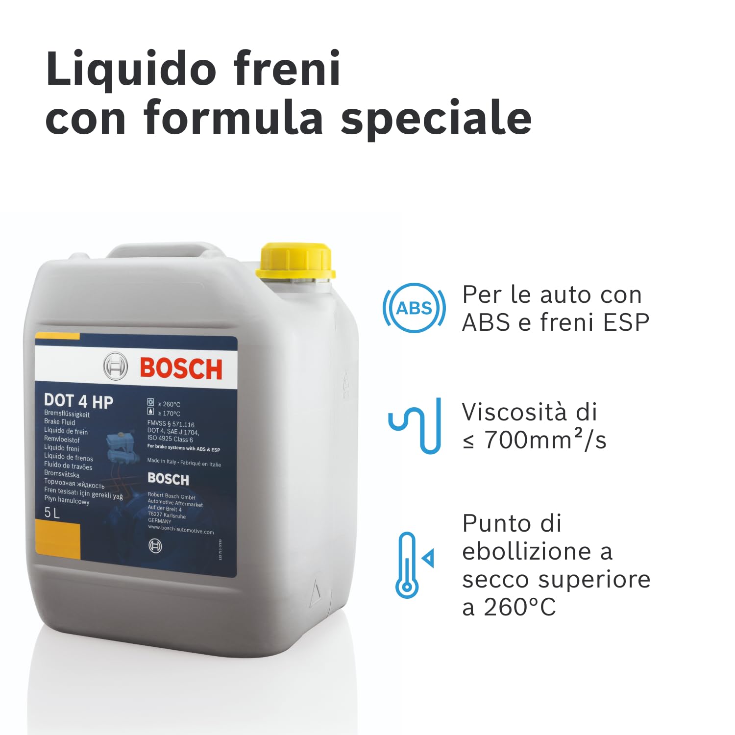 Liquido Freni Bosch DOT 4 HP, 5 L – Per tutti i veicoli moderni con freni ABS e ESP