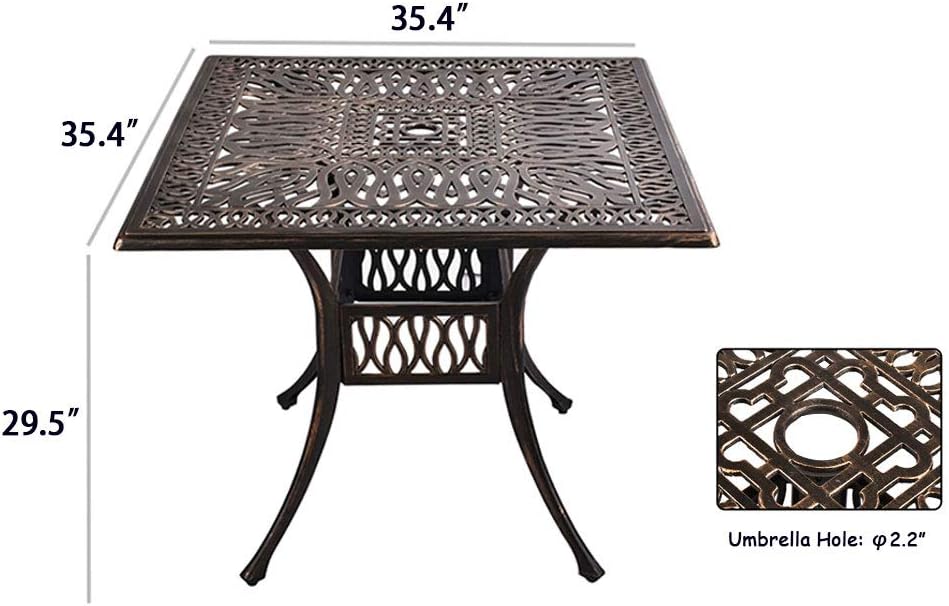 OKIDA 35.4" Outdoor Patio Bistro Square Table with 2.2" Umbrella Hole Cast Aluminum Dining Table for Backyard, Garden or Porch