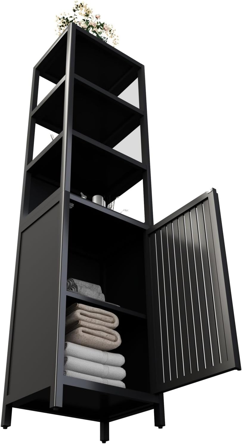 Black Storage Tall Slim Cabinet with Shutter Door and 3 Tier Shelves, Freestanding Linen Tower Cabinet for Living Room, Kitchen, Bathroom Organizer, Natural Bamboo