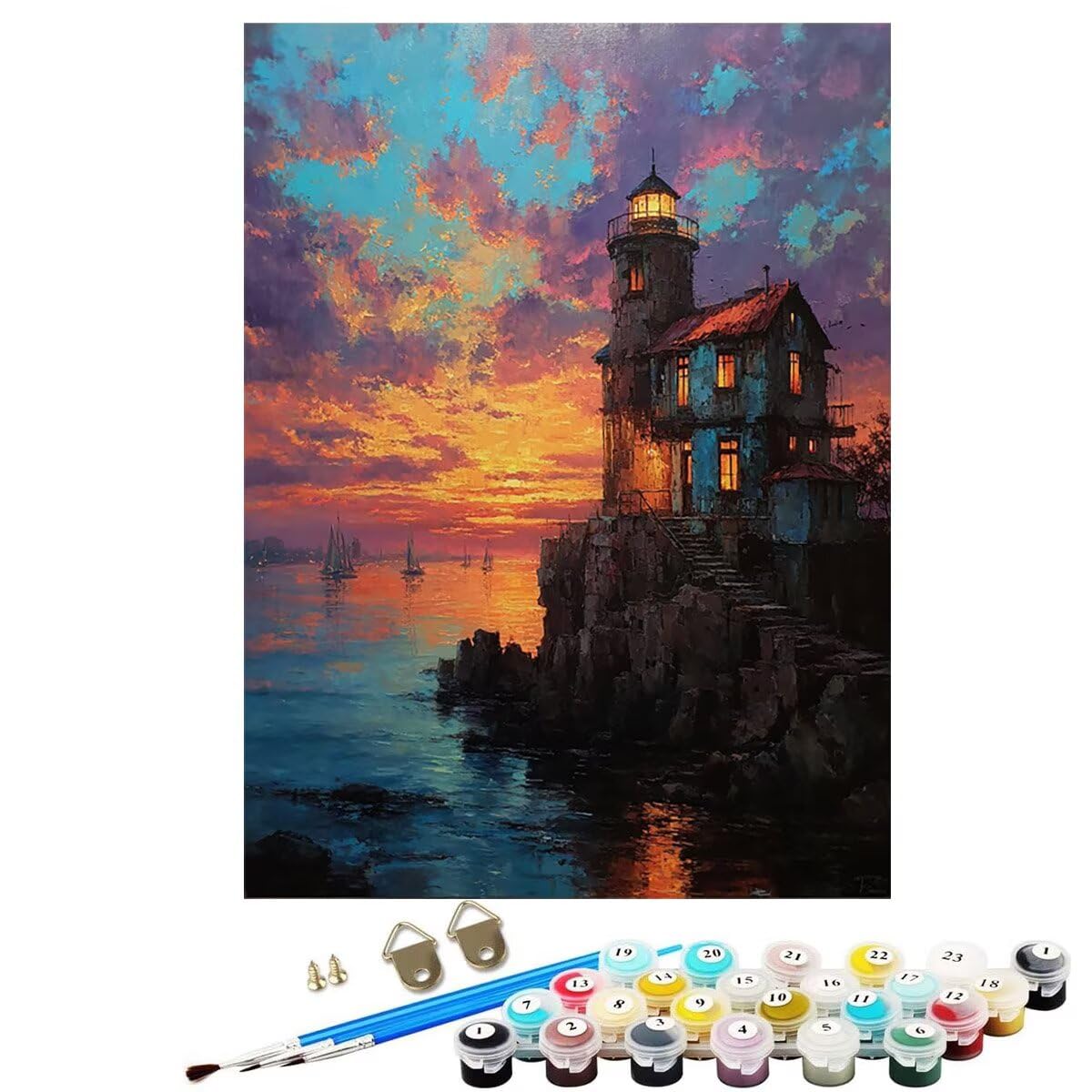 Landschaft Leuchtturm Malen Nach Zahlen Erwachsene, Paint by Numbers Adult Anfänger Kreativ Set, Heimwerk Malen Nach Zahlen Kinder, Pinsel und 36 Acrylfarbe Als, Deko Wohnzimmer 60 x 80 cm BJHWK313