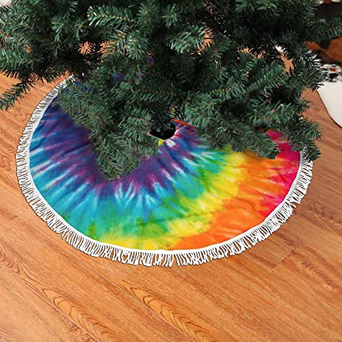 Tie Dye Tree Skirt 48 Inch Rainbow Christmas Tree Skirt Xmas Tree Mat Edge Tassel Lace For Farmhouse Holiday Rustic Decorations Ornament #TOP2