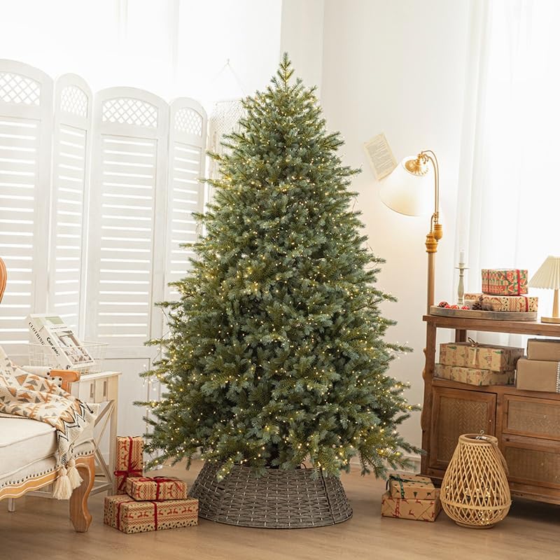 Sapin de Noël Complet avec Feuillage d'aiguilles Ultra-réaliste, Plusieurs hauteurs et illuminé, entouré d'arbres. Arbre de Noël(1.8m)