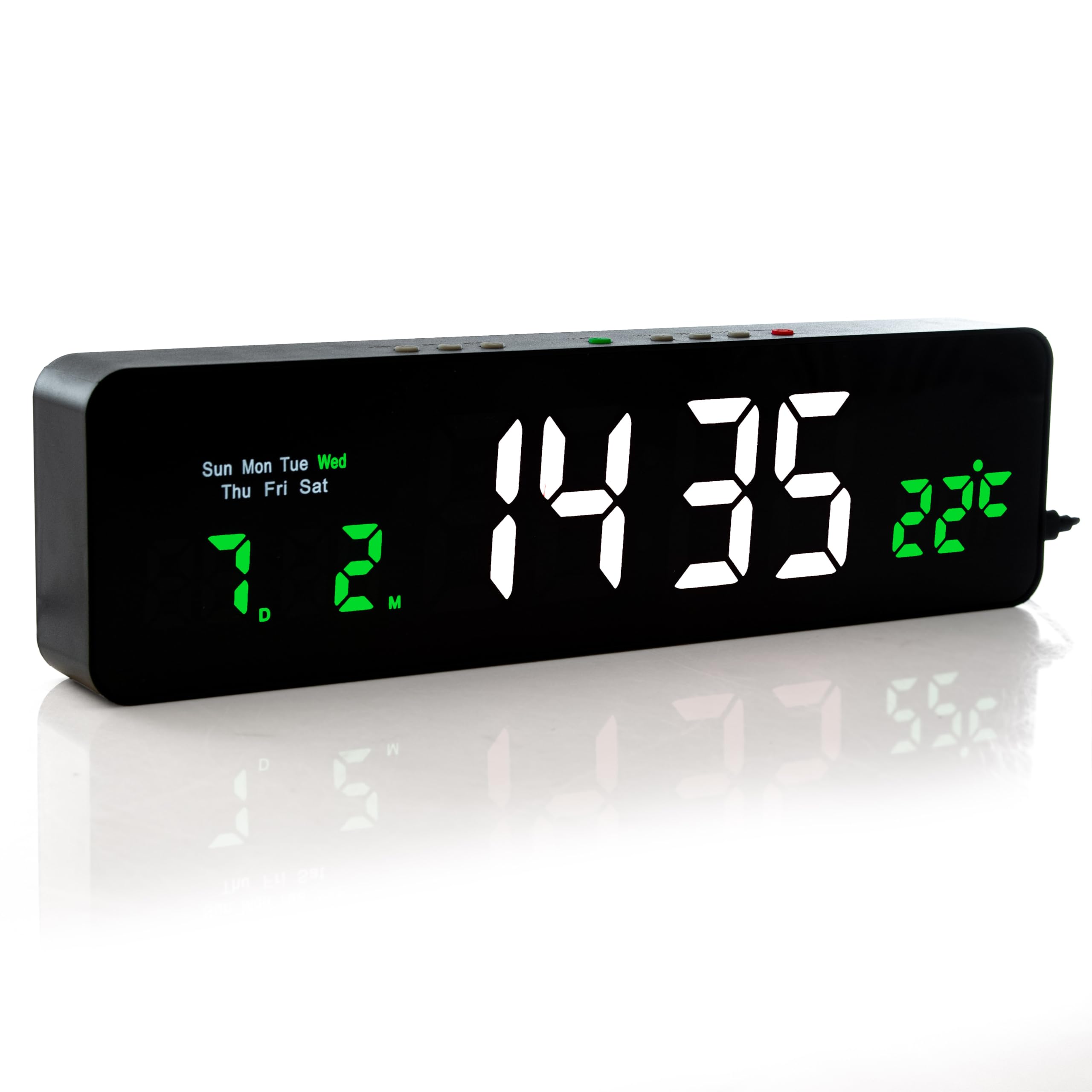 Wanduhr Digital, LED Tischuhr mit Temperaturanzeige, Wecker Snooze, 12/24-Stunden-Anzeige, LED-Uhr, USB-C Uhr mit Datumsanzeige (Weiß Grün)