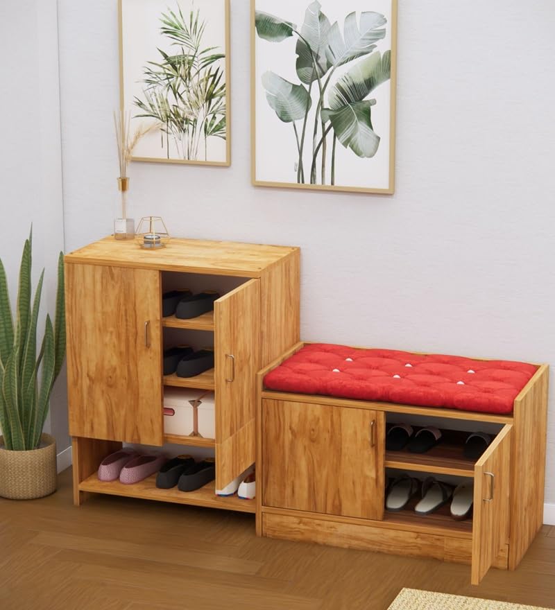 Image of SPECIALITY PANELS Wooden Shoe Rack with Storage Cabinet and Cushioned Bench, Natural Wood Finish, 2-Piece Set with Doors, DIY Assembly, 135x75 cm