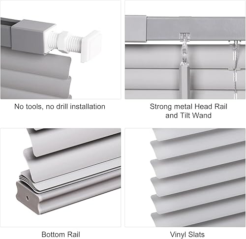 Vista 2 de LazBlinds Persianas Mini Horizontales de Vinilo de 1" Sin Herramientas-Sin Taladro, Persianas Sin Cordón para Ventanas, Cortadas a Medida Gris sin