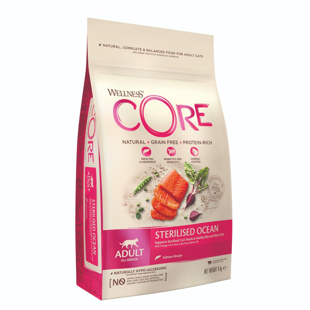 WELLNESS CORE Océan Stérilisé 4 kg, Saumon – Croquettes pour Chats Stérilisés, sans Céréales, Naturelles, Hypoallergénique, Riche en protéines, À Haute Teneur en Poisson, Peau Saine & Pelage Brillant