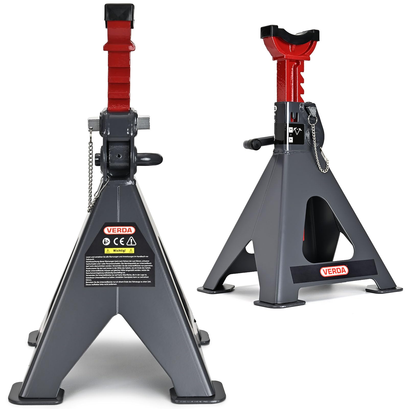Chandelles 6T (6000 kg), certifiées GS, Hauteur de Levage 410–600 mm, avec goupille de sécurité et Patins en Caoutchouc, Supports de Levage avec réglage de Hauteur sur 13 Positions