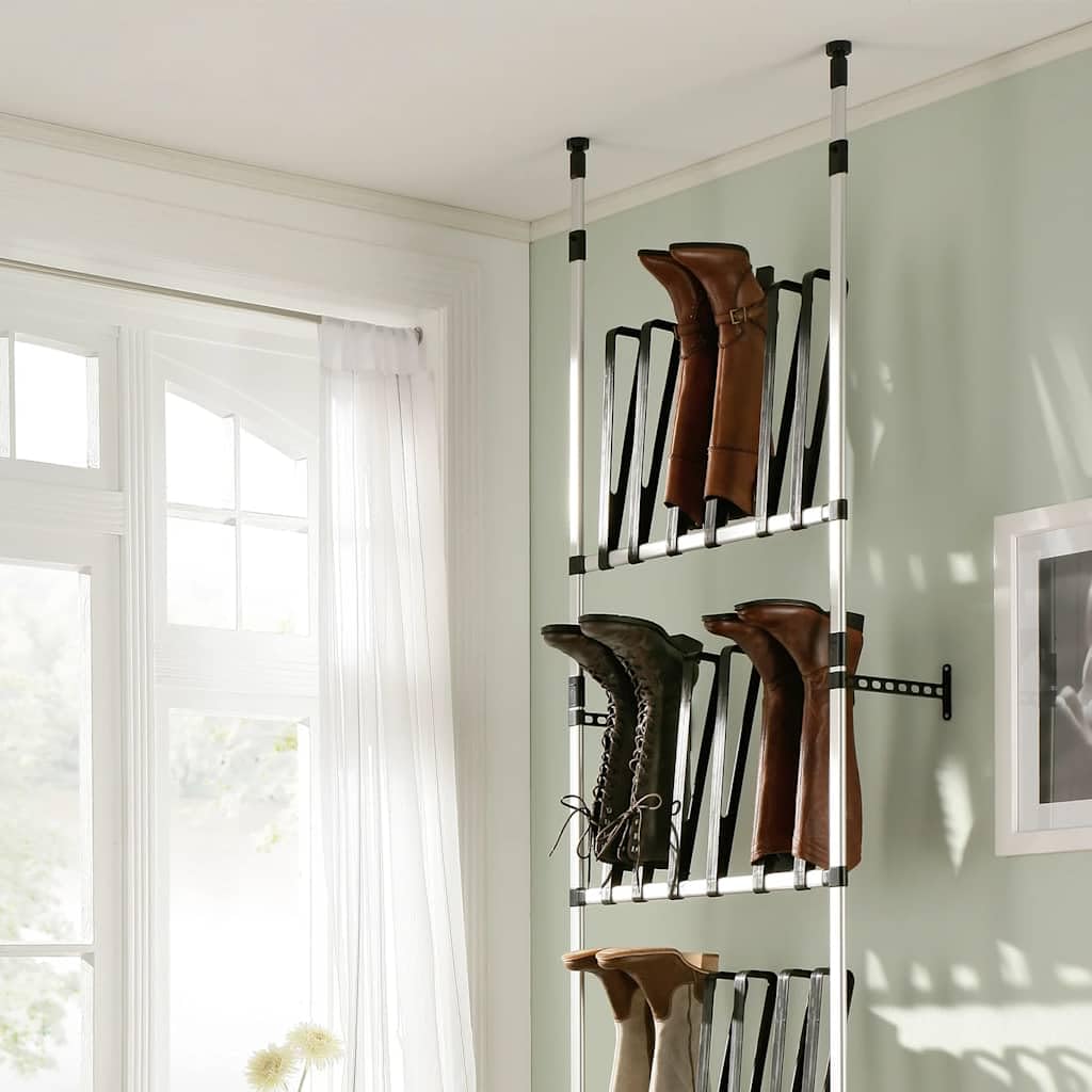 Teleskop-Stiefelregal aus Aluminium mit 4 Stangen, höhenverstellbar bis 3 m, platzsparend für 12 Paar Stiefel, Stabiler Schuhständer für Flur, Diele und Garderobe