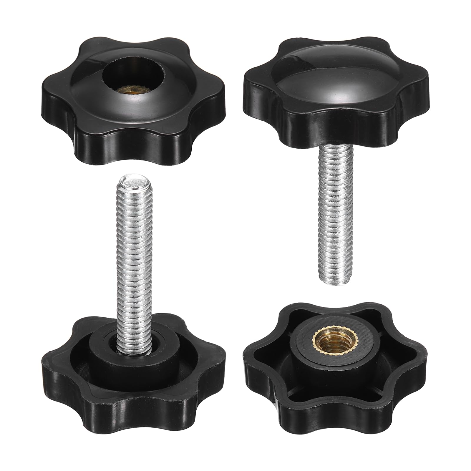 sourcing map 2 Set Star Knobs M6 x 35mm Male + M6 Female Thread 32mm Head Metric 6-Star Threaded Stud Clamping Handles Screw in Through Hole Hand Jig Knob Thumb Screws, Black
