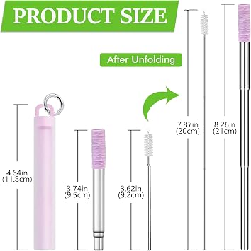 Reusable Straws 3Pack Metal Straw Foldable Portable Drinking Straw Travel Stainless Steel Straws Set with Case and Clean Brush
