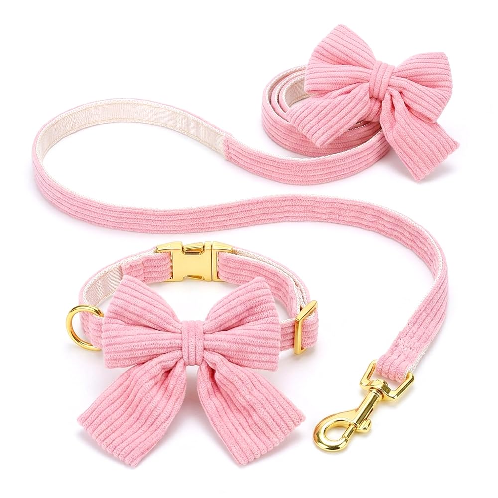 Pink Corduroy Dog Collar and Leash Set with Bowtie, Adjustable Small S