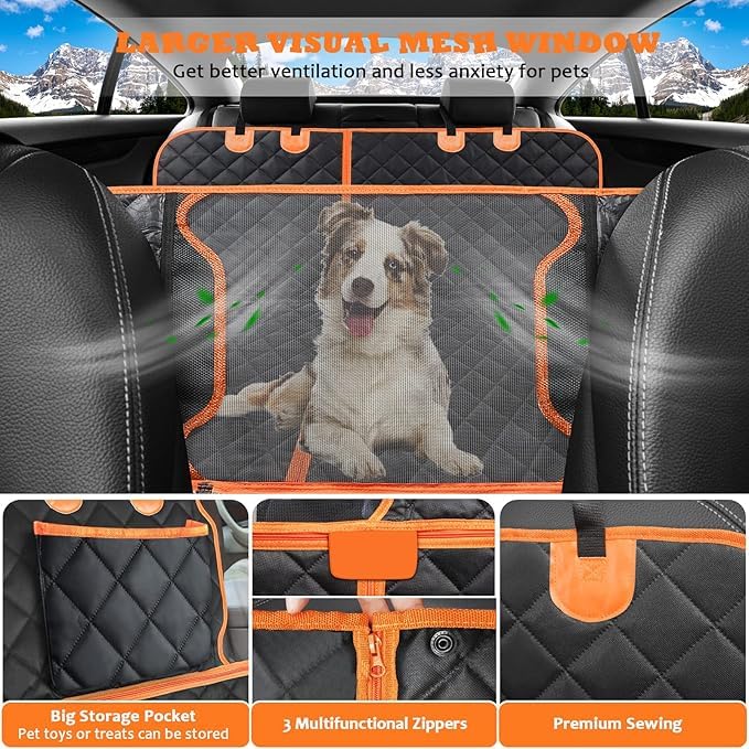 Image of 6-in-1 Dog Car Seat Cover for Back Seat, Waterproof Dog Car Hammock with Mesh Window, Non-Slip Pet Backseat Protector for Cars, Trucks and SUVs(Orange, 6 in 1 Dog CAR SEAT Cover)