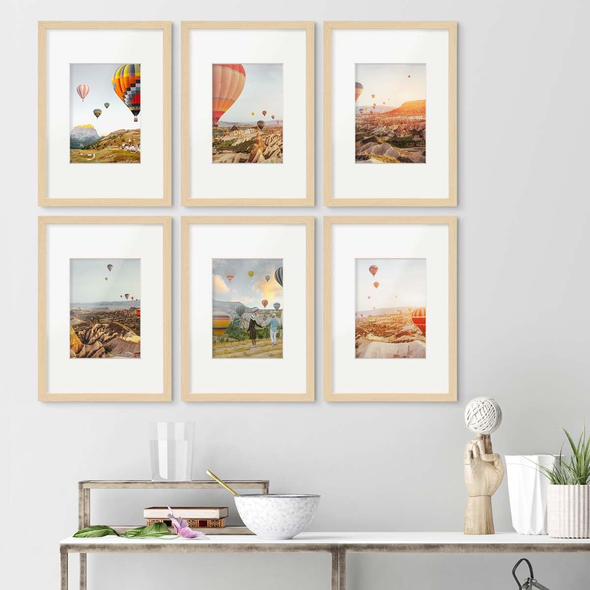 PHOTOLINI Cornici 13x18 cm legno MDF naturale, set di 3 cornici per poster, plexiglass infrangibile, da tavolo o da parete, accessori extra inclusi - per foto, immagini e poster