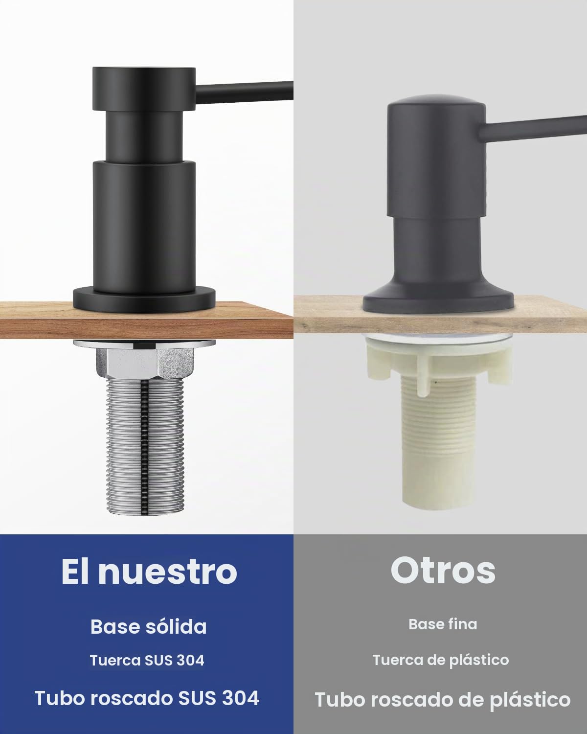 Dispensador Jabon Cocina Bajo Encimera, Dosificador Jabon Cocina Duradero con Tuercas de Acero INOX 304(sin Plástico), Botella de 300 ml y Tubo Silicona de Extensión de 1,25 m, Negro